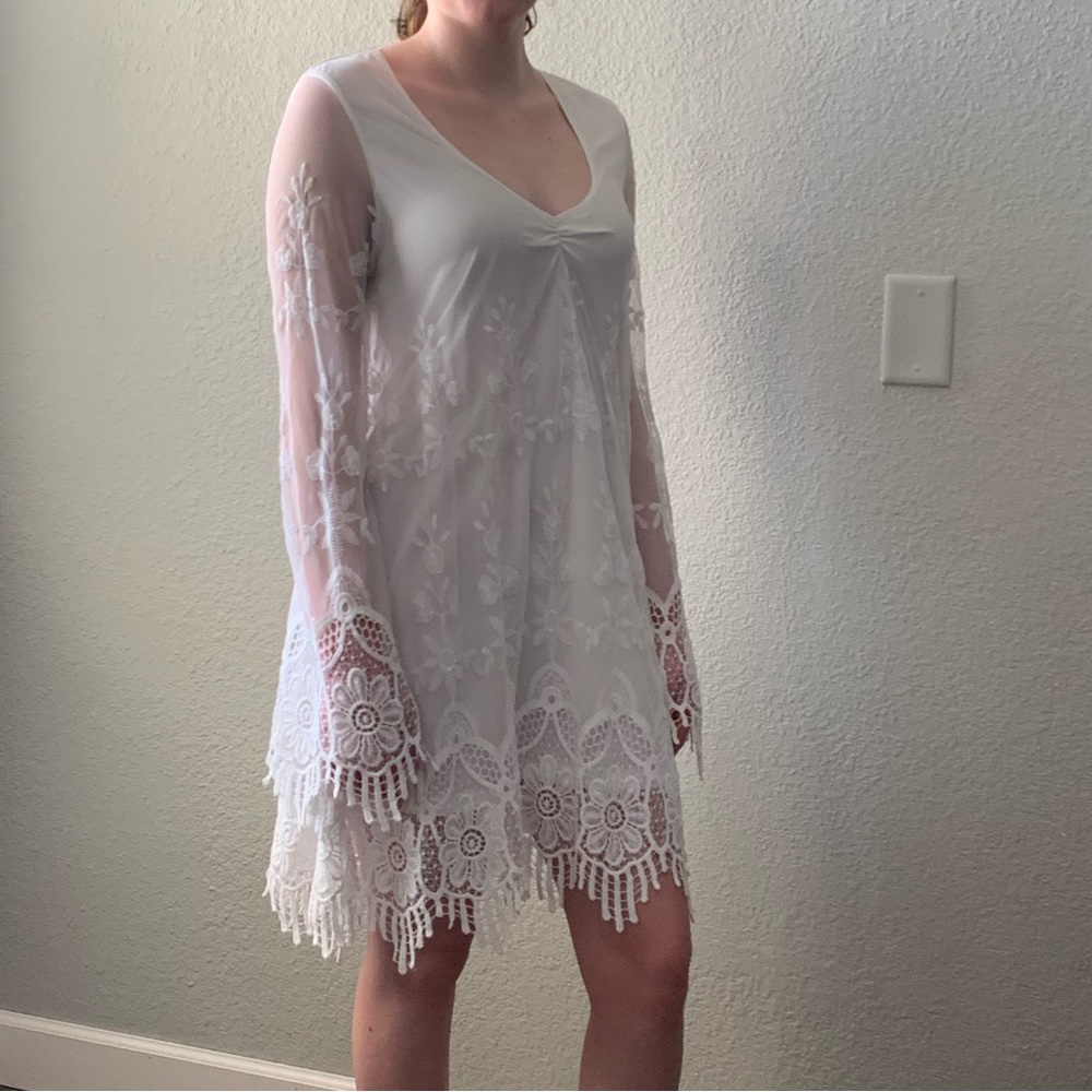 Show Me Your Mumu White Long Bell Sleeve Lace Mini Dress  I